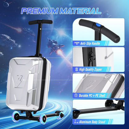 Advwin Ride-On Scooter Suitcase with LED Light-up Wheels, Hardshell Lightweight Foldable Rideable Luggage for Kids & Adults, Silver