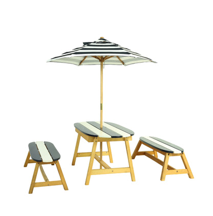 Kids Picnic Table with Umbrella - Dark Blue, Indoor/Outdoor Wooden Table and Bench Set for 4 Children, Play Table for Toddlers, Garden Furniture