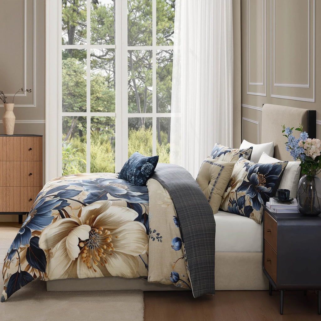 Bebejan English Manor 5 Piece Comforter Set, Queen, Blue, 220 Thread Count, 100% Cotton Sateen, Reversible