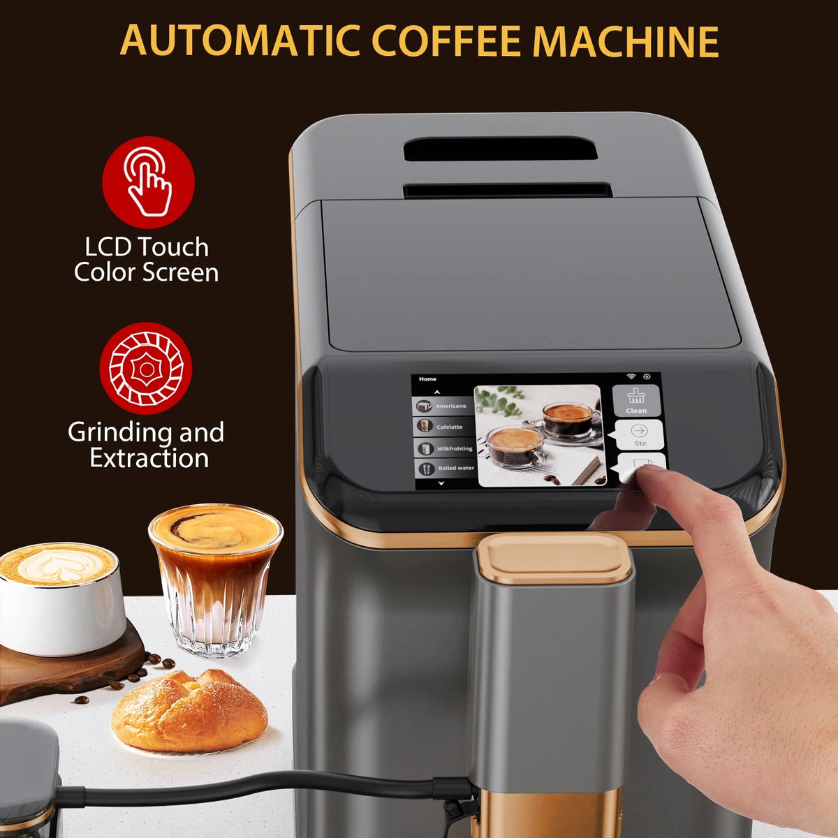 AOILE 20-Bar Dual Boiler Espresso Machine, Self-Cleaning Coffee Maker with Grinder & LCD Touch Panel