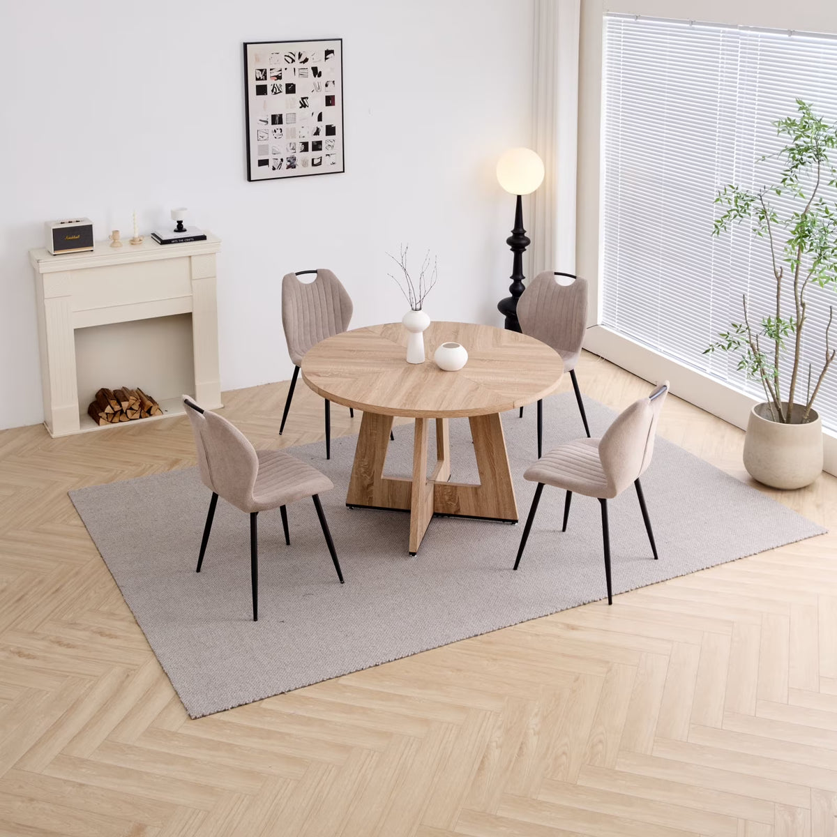 5 Piece 47'' Round Dining Table Chairs Set for 4, Farmhouse Gray Kitchen Table with 4 Boucle Mid Century Modern Dinning Room Chairs, Wood Dinner Table &Upholstered Chair Set of 4, Beige