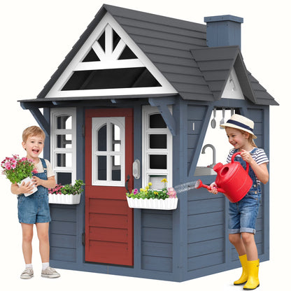 COCLUB Outdoor Playhouse for Kids Ages 4-8, Wooden Play House with Doorbell, Phone, Kitchen Toys, Outdoor Kids Play Equipment, Casa Para Ni?as (45��L x 65��H), White & Black