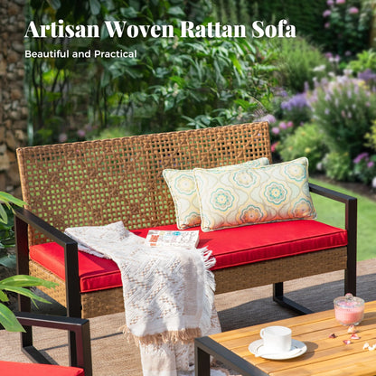 MF Studio 4-Piece All-Weather Rattan Patio Furniture Set, Outdoor Conversation Set with Wood Table, Brown and Beige