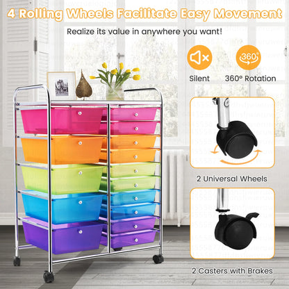Costway 15 Drawer Rolling Storage Cart Tools Scrapbook Paper Office School Organizer White