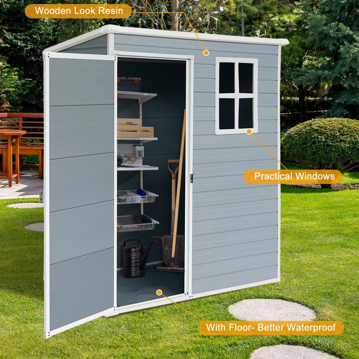 Seizeen Shed and Outdoor Storage, 41 Cu.Ft Small Outdoor Resin Shed with 3 Doors & Floor, 306GAL Deck Box Waterproof Plastic Tool Storage Shed for Cushion Lawn Mower Garbage Cans