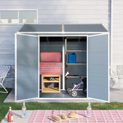 8x4 FT Outdoor Storage Shed with Floor, Resin Garden Sheds with Lockable Door, Vents & Windows, Weather Resistant Tool Shed with Sloped Roof for Backyard Patio, Grey