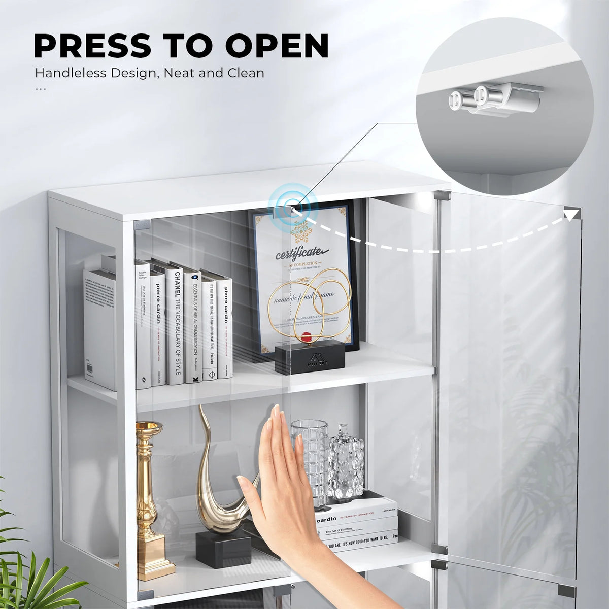 MIIFUNY Display Cabinet with Glass Doors 4 Tier Curio Cabinet & Bookshelf with LED, White