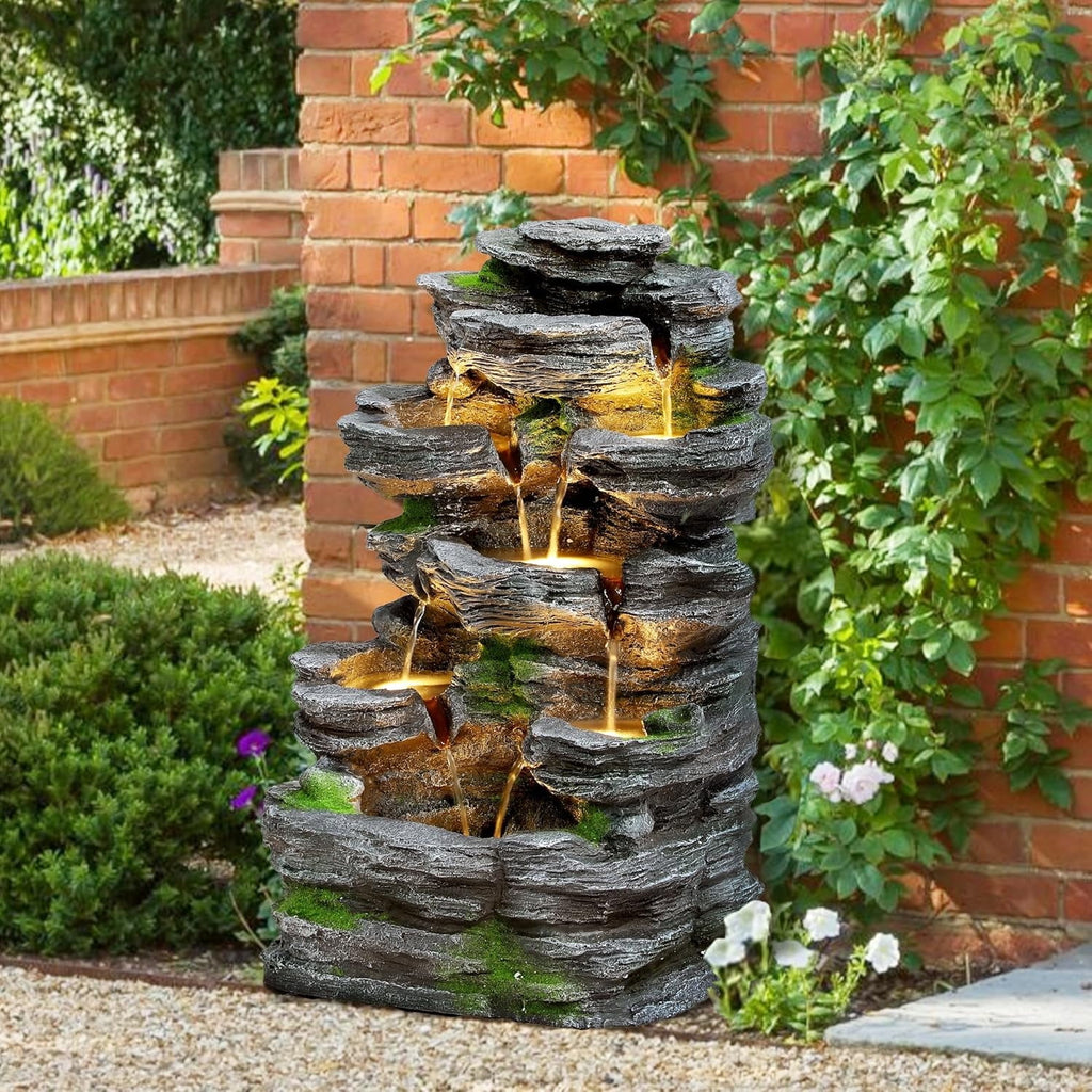 Haverchair 7 Tier Cascading Rock Outdoor Water Fountain, Garden Freestanding Rockery Natural Waterfall Fountains Outdoor with LED Light, Soothing Tranquility Fountains for Home Garden Yard, 24"H