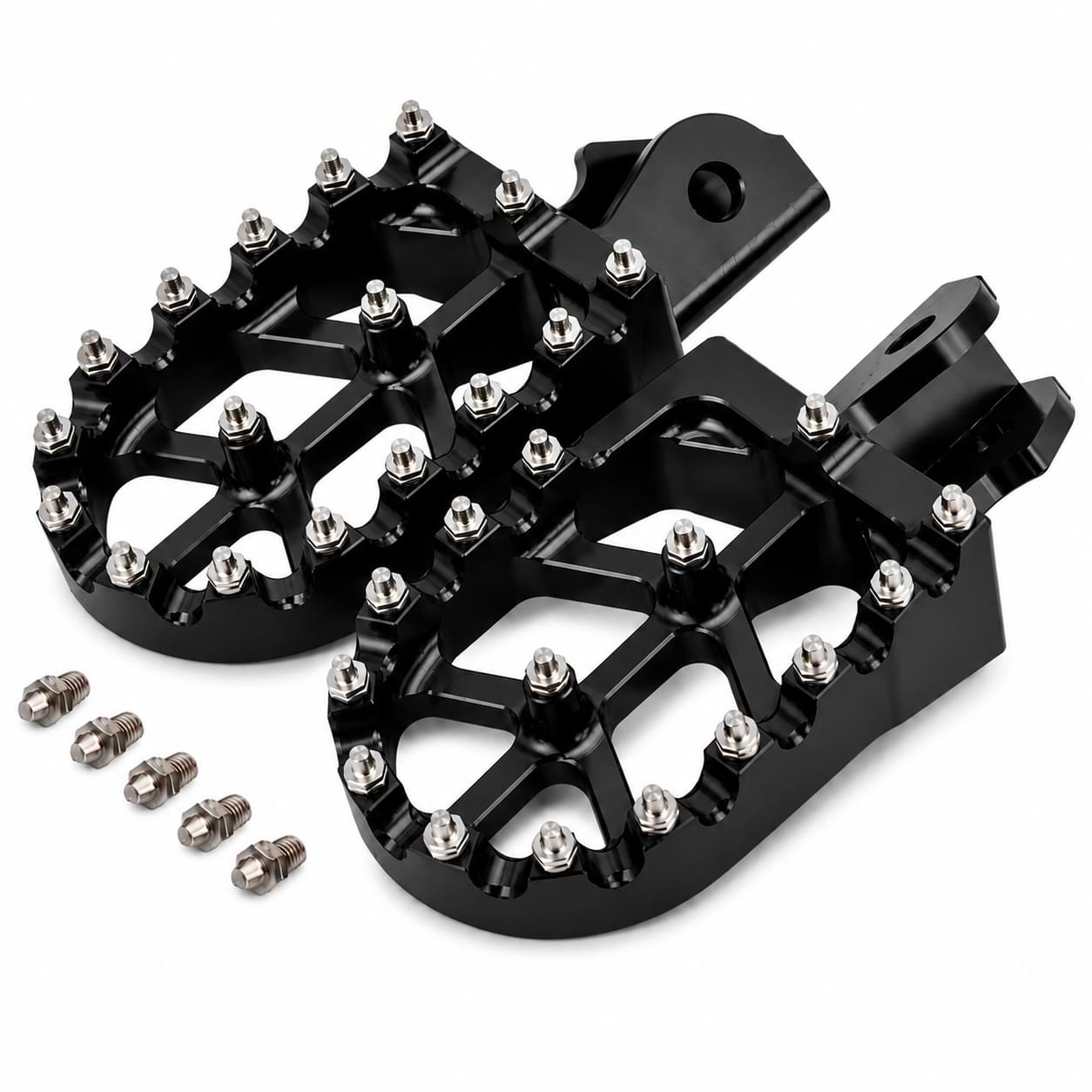 CNC aluminum foot pegs with replaceable steel traction pins for Surron Light Bee, Talaria Sting, CRF150F, and CRF230F motorcycles.