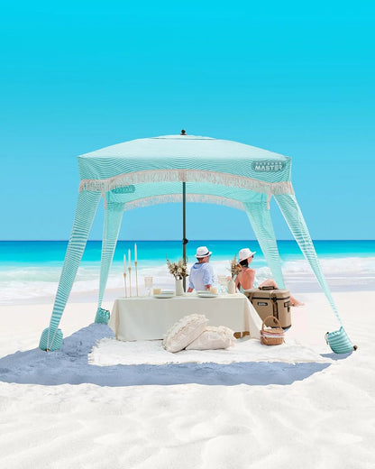 OutdoorMaster Beach Cabana with Fringe, Portable 6' x 6' Beach Canopy, Easy Set Up Beach Shelter, Included Side Wall, UPF 50+ UV Protection Sun Umbrella - for Kids, Family & Friends