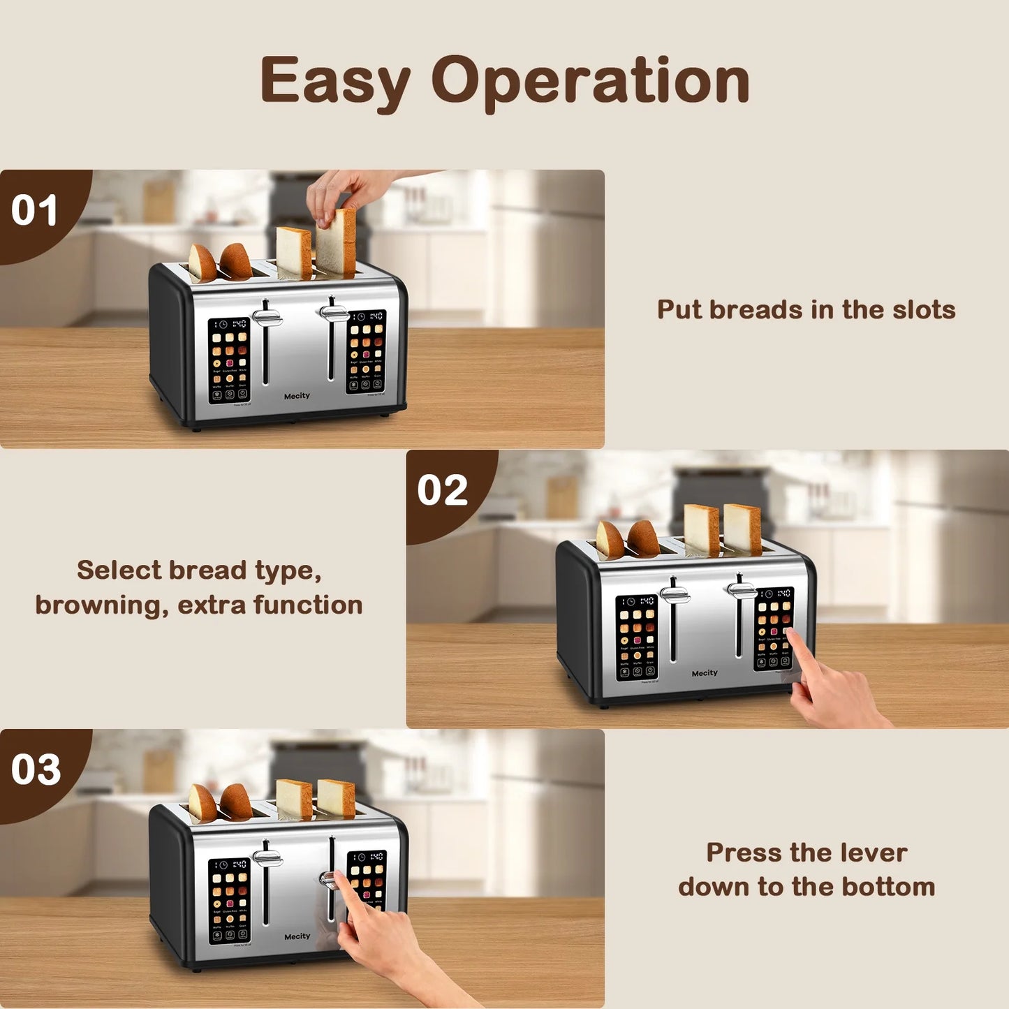 Mecity 4-Slice Touchscreen Toaster, Stainless Steel, 6 Browning Settings, Reheat, Cancel, Defrost, Removable Tray