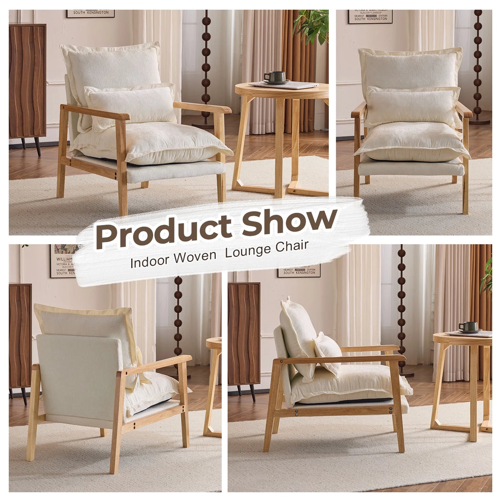 Ktaxon Chenille Accent Chair, Solid Wood Armrests Armchair, Metal Frame for Stability, Single Sofa with Comfortable Cushions and Lumbar Pillow Beige