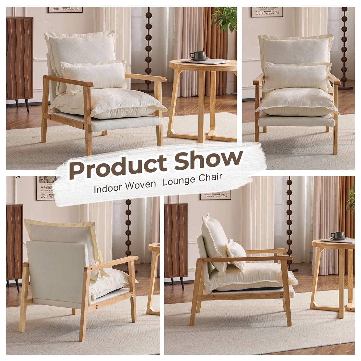 Ktaxon Chenille Accent Chair, Solid Wood Armrests Armchair, Metal Frame for Stability, Single Sofa with Comfortable Cushions and Lumbar Pillow Beige