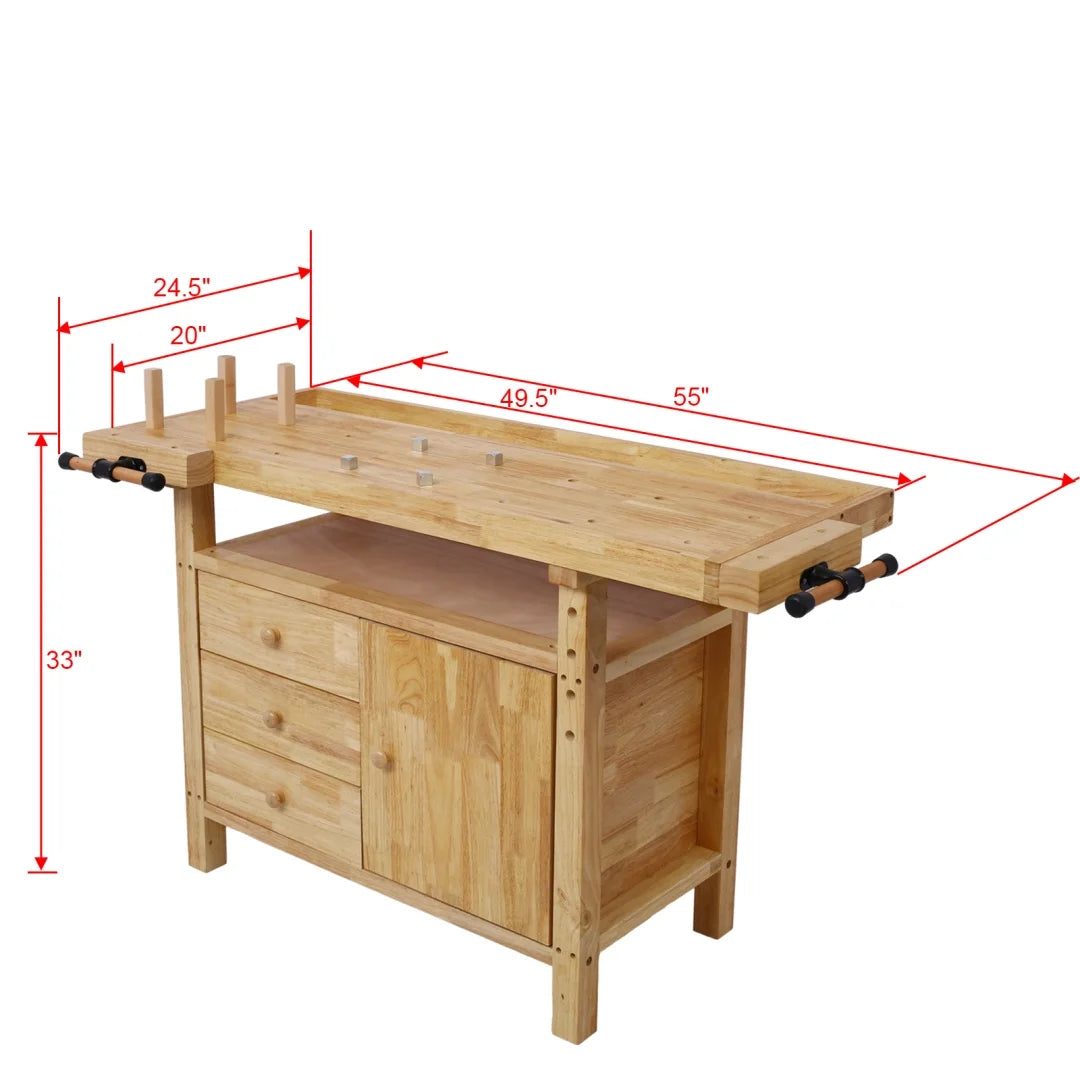 Workbench, Work Bench, Versatile and Functional Wooden Workstation, Work Table for Garage Workshop and Home, 55"L*24.5"W*33"H, Natural