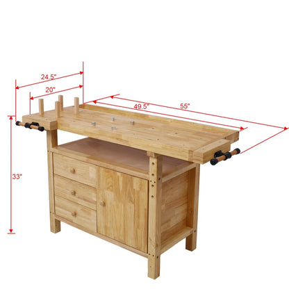 Workbench, Work Bench, Versatile and Functional Wooden Workstation, Work Table for Garage Workshop and Home, 55"L*24.5"W*33"H, Natural
