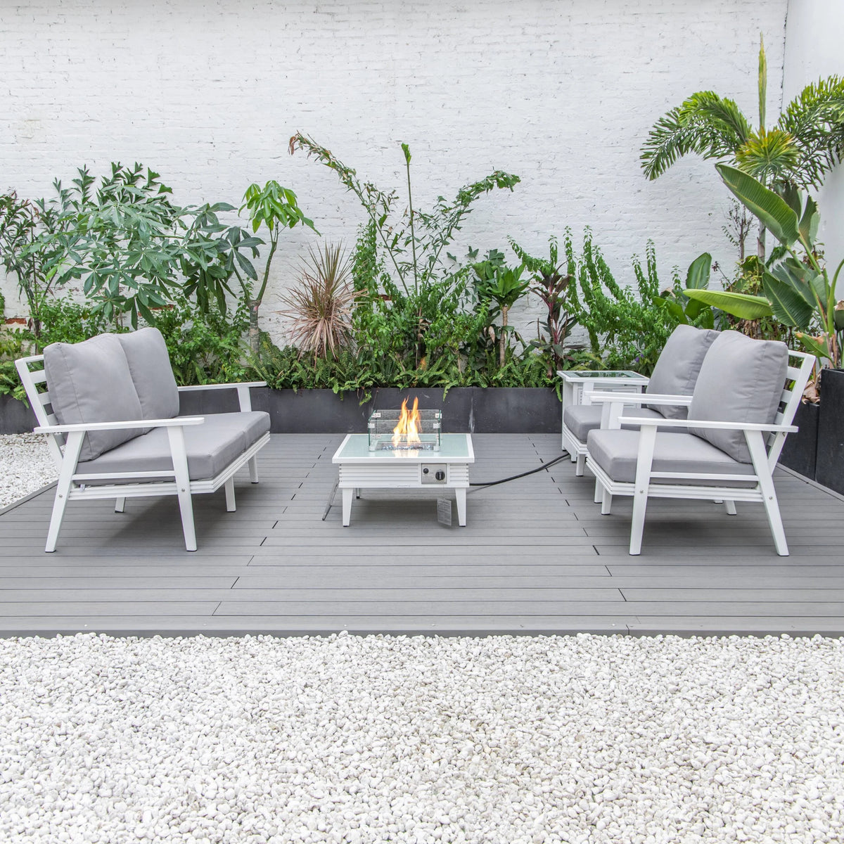 LeisureMod Walbrooke Modern Aluminum 5-Piece Patio Conversation Set with Outdoor Square Fire Pit Table with Slats Design & Side Table Tank Holder (Green)