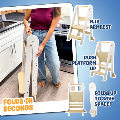HARPPA Foldable Toddler Kitchen Tower, Standing Tower for Kids Age 1.5-6 Years, White