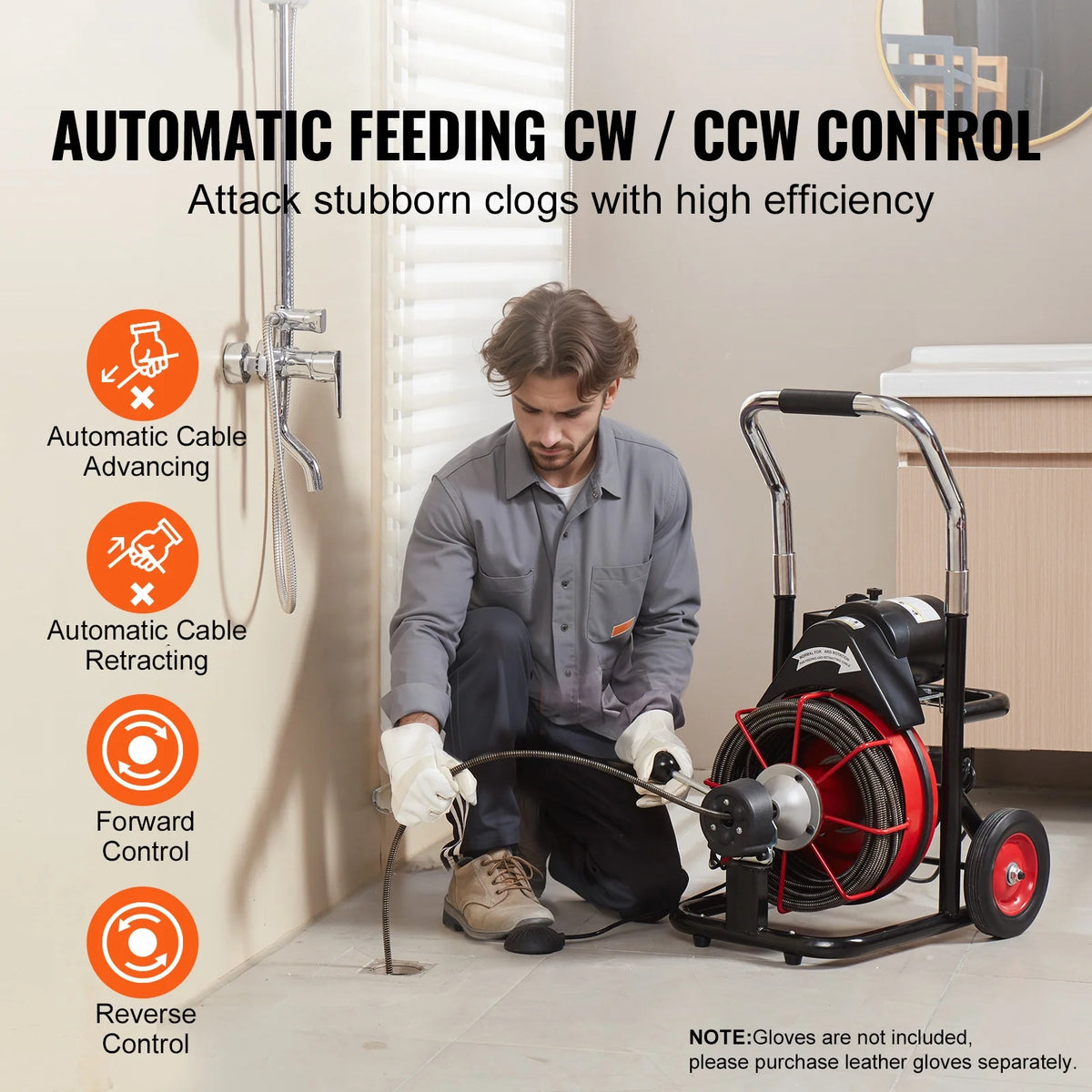 Drain Cleaner Machine Electric Drain Auger 100FT x 3/8 In Auto Feed
