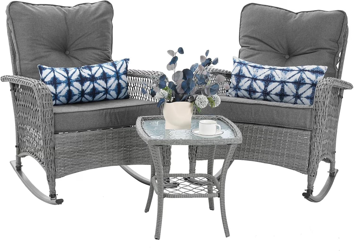 ELPOSUN 3-Piece Outdoor Rocking Chairs, Wicker Patio Furniture with Thickened Cushions and Table for Porch