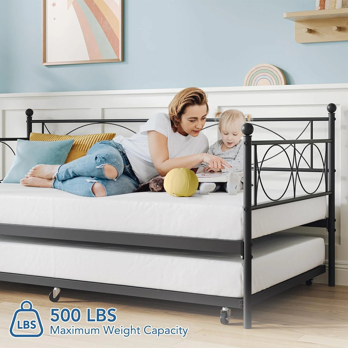 Senfot Twin Daybed with Trundle, Pull Out Trundle Day Bed, Twin Mattress Foundation with Metal Slats, Modern Sofa Bed for Living Room, Bedroom, and Guest Room, Black