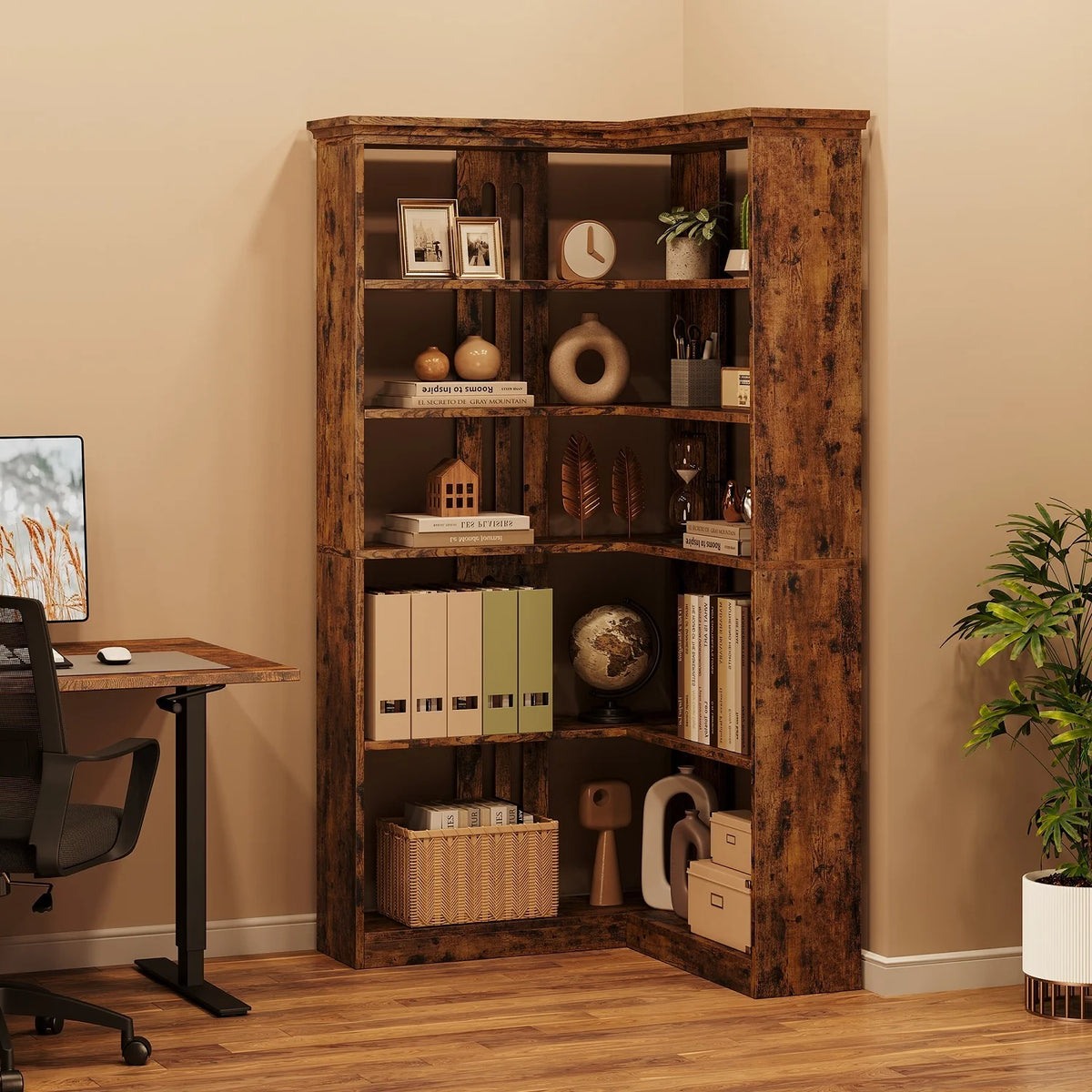 EuKer 5 Tier Corner Bookcase, L-Shaped Bookshelf with Large Storage Capacity for Living Room, Bedroom, Office (Half Panel, Retro Brown)