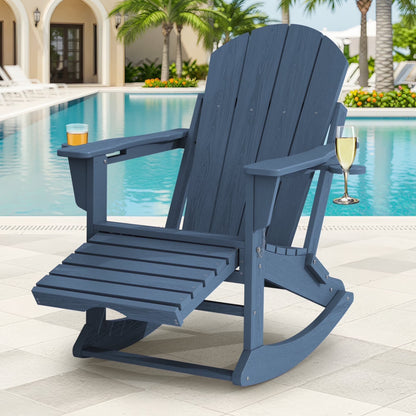 KINGYES Folding Adirondack Rocker Chair Set of 2 W/ Footrest & Dual Cup Holders, HDPE Outdoor Patio Rocking Chair, Black