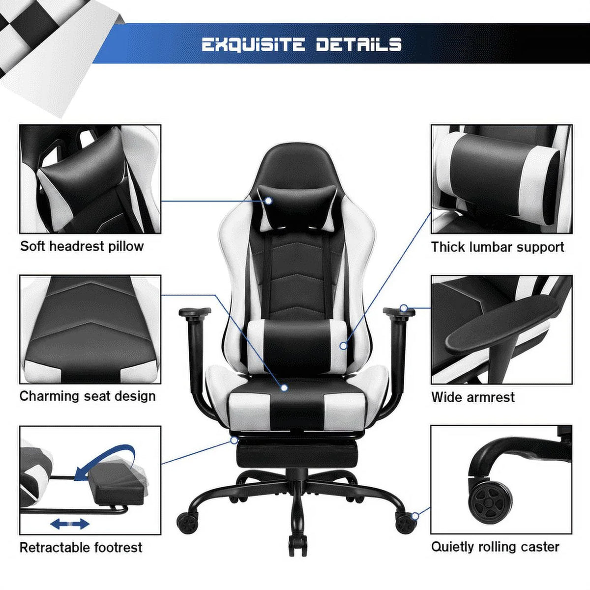 Lacoo High Back Gaming Chair PU Leather Adjustable Height Racing Chair with Lumber Support Ergonomic Gaming Chair with Reversible, White