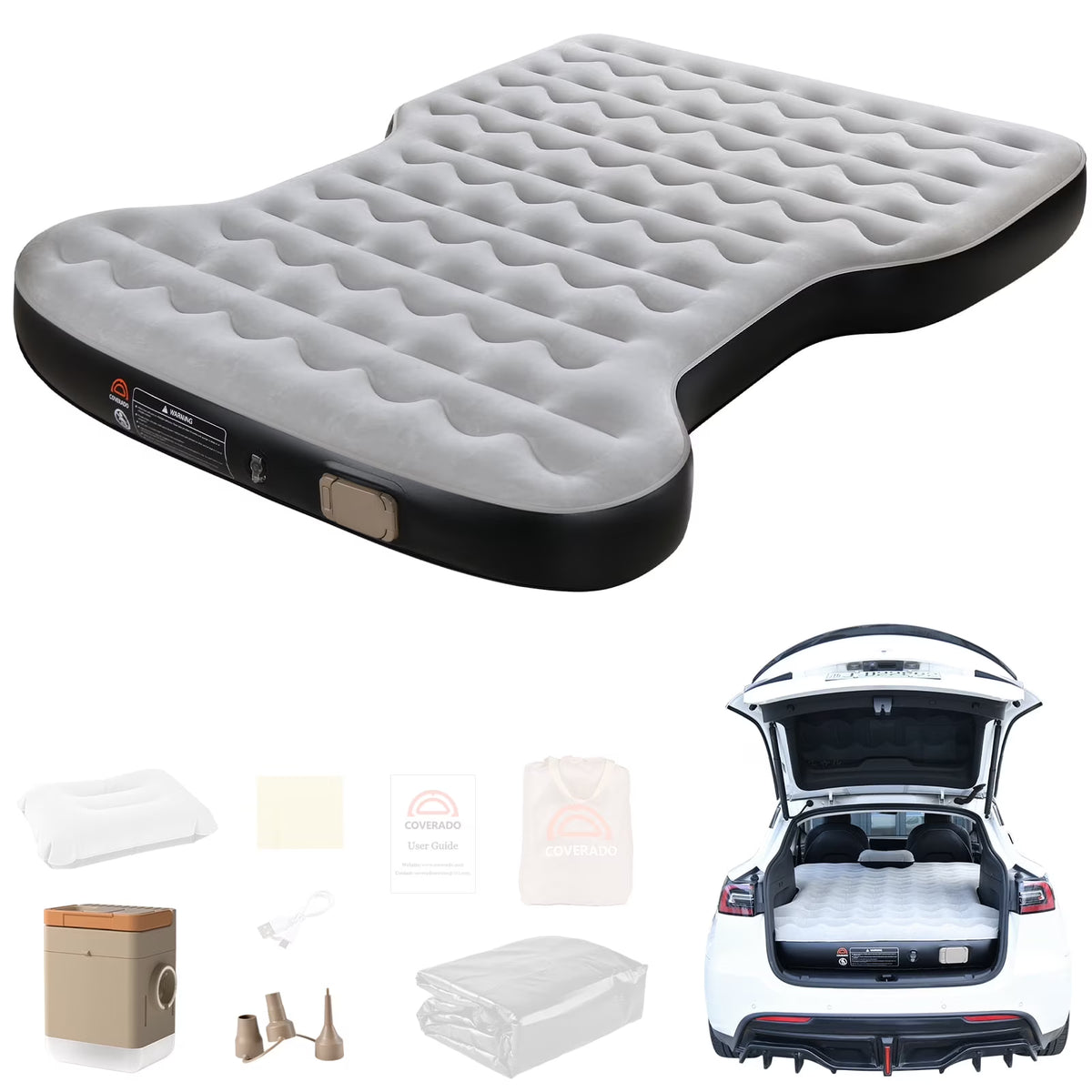 Coverado Car Air Mattress Custom Tesla Model Y 2021-2024, Inflatable Outdoor Camping Air Bed with Car Air Pump, Gray Thickened Flocking Air Bed