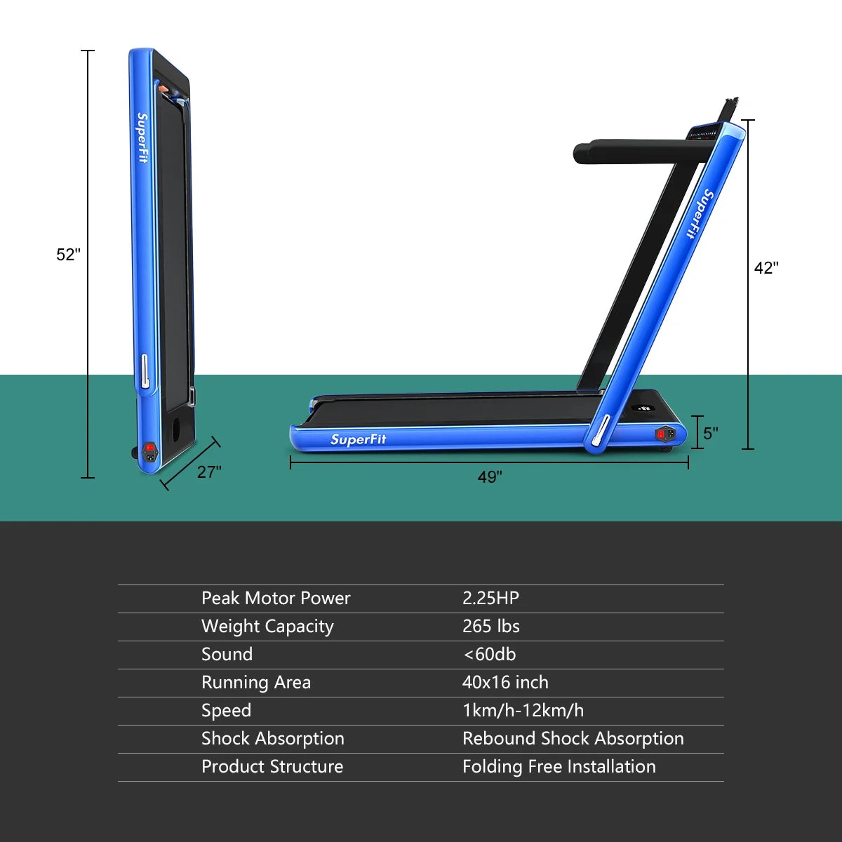 Gymax 2 in 1 Folding Treadmill 2.25HP Running Machine w/ Dual Display APP Control Black