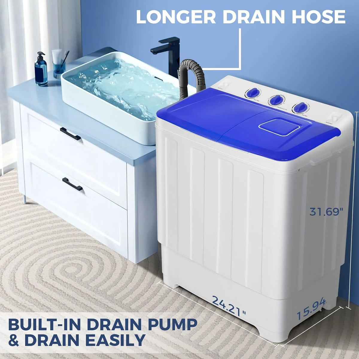 Qhomic Portable Washer 30lbs, 2-in-1 Twin Tub Washer & Dryer Combo Compact Semi-Automatic Washing Machine with Drain Pump, Black