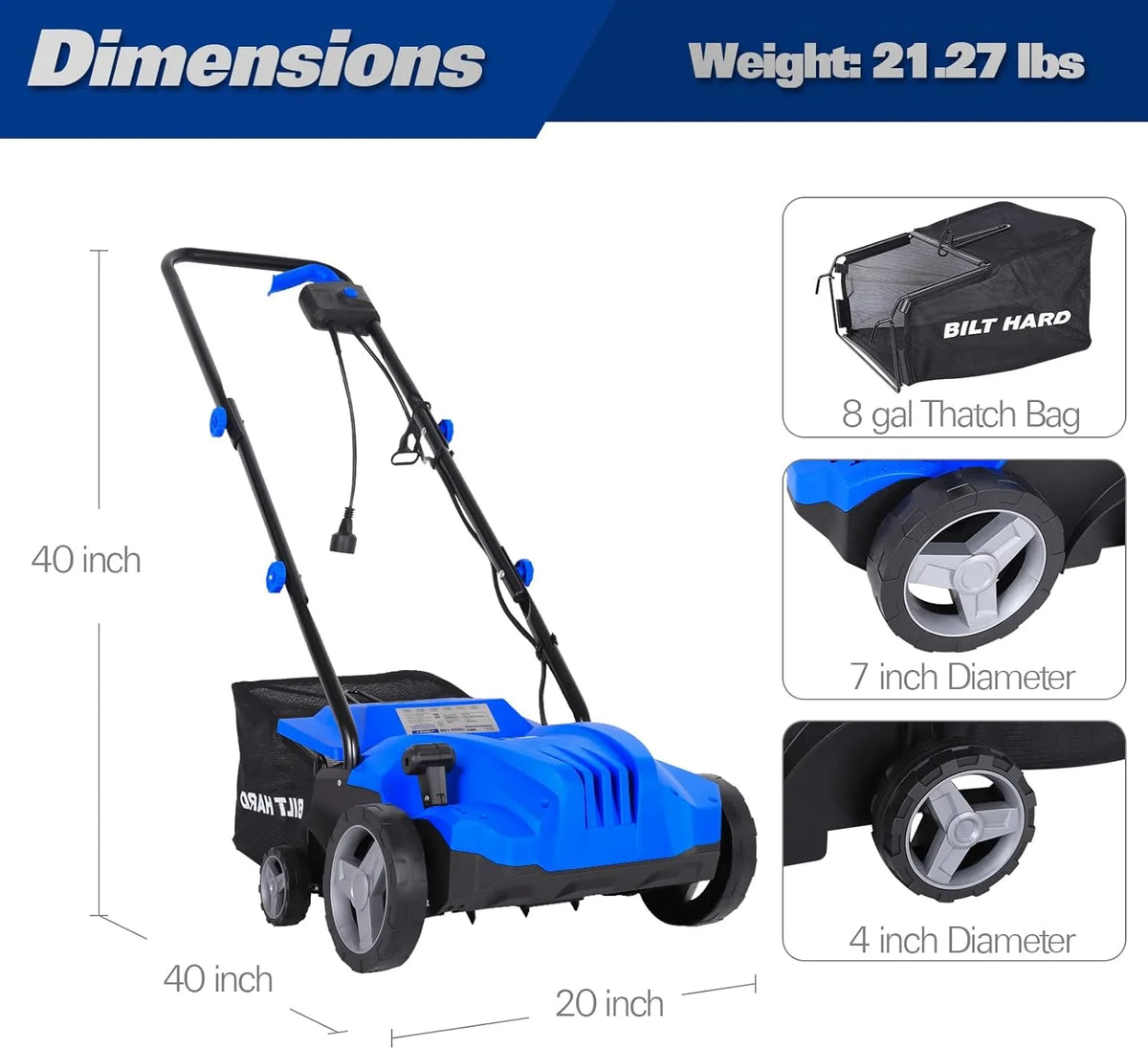 BILT HARD Dethatcher Scarifier Electric Powered, 12 Amp Copper Motor 13 inch Raking Width with 8 gal Thatch Bag