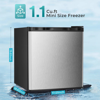 WAA Mini Freezer,1.1 Cu.ft Upright Freezer with Reversible Single Door,Removable Shelves,Small Freezer with Adjustable Thermostat for Home/Kitchen/Office (White)