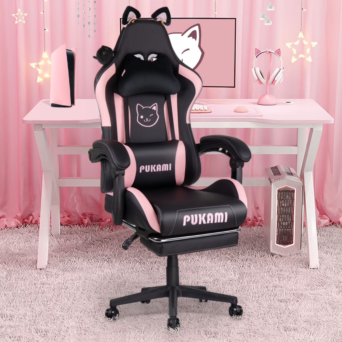 Waleaf Pink Gaming Chair with Cat Paw Lumbar Cushion and Cat Ears for Girls, Reclining Office Computer Chair with Footrest for Adults, Teens