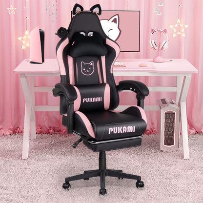 Waleaf Pink Gaming Chair with Cat Paw Lumbar Cushion and Cat Ears for Girls, Reclining Office Computer Chair with Footrest for Adults, Teens