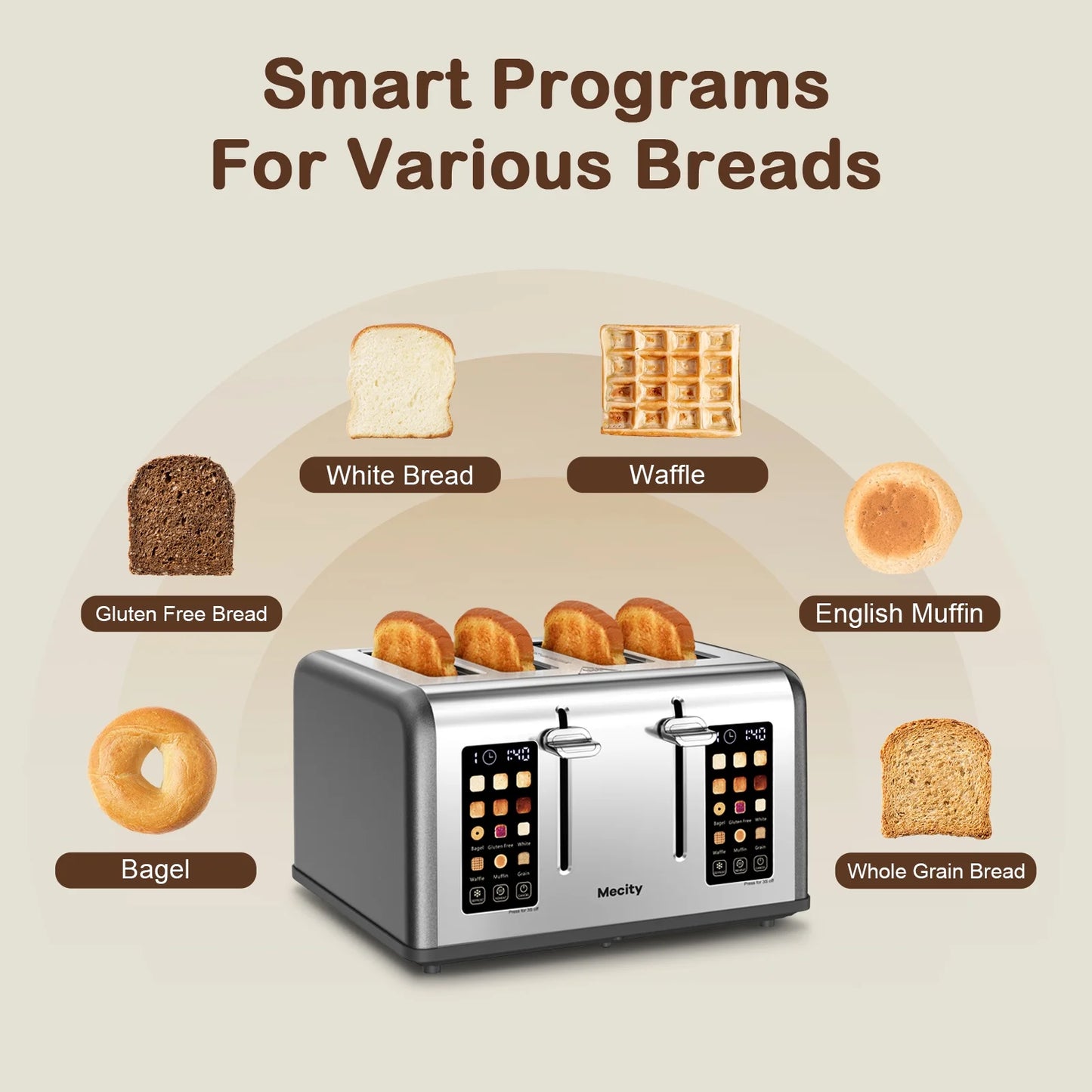 Mecity 4-Slice Touchscreen Toaster, Stainless Steel, 6 Browning Settings, Reheat, Cancel, Defrost, Removable Tray