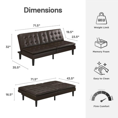 Mainstays Memory Foam 71.5" Futon with Cupholder and USB, Black Faux Leather