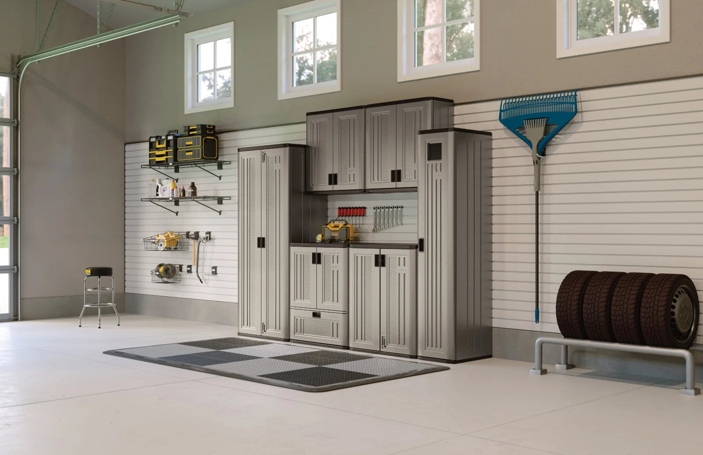 Suncast Mega Tall Resin Outdoor Storage Cabinet with 3 Shelves, Platinum Metallic