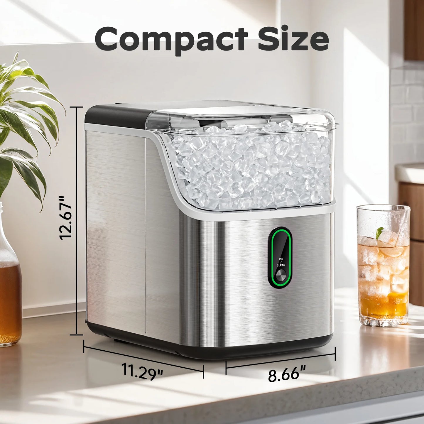 Philergo Nugget Ice Maker Countertop, Pebble Ice Maker Machine with Self-Cleaning, 35lbs/24hr, Soft Chewable Pellet Ice Maker for Home, Kitchen, Stainless Steel