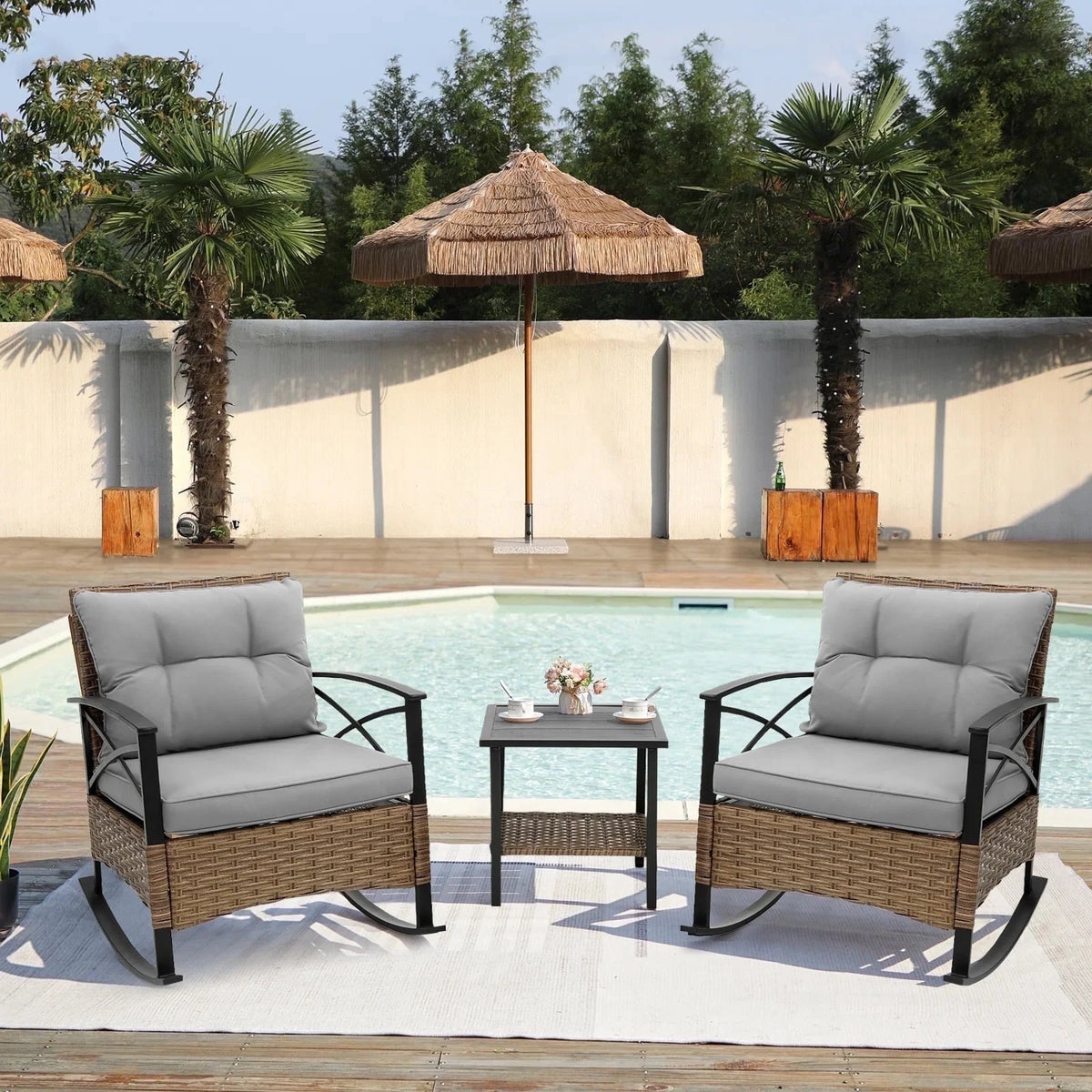 3 Pieces Patio Outdoor Conversation Set, Patio Furniture Bistro Set with 2-Tier Coffee Table, PE Wicker Rocking Chairs with Blue Cushions for for Backyard Porch Poolside