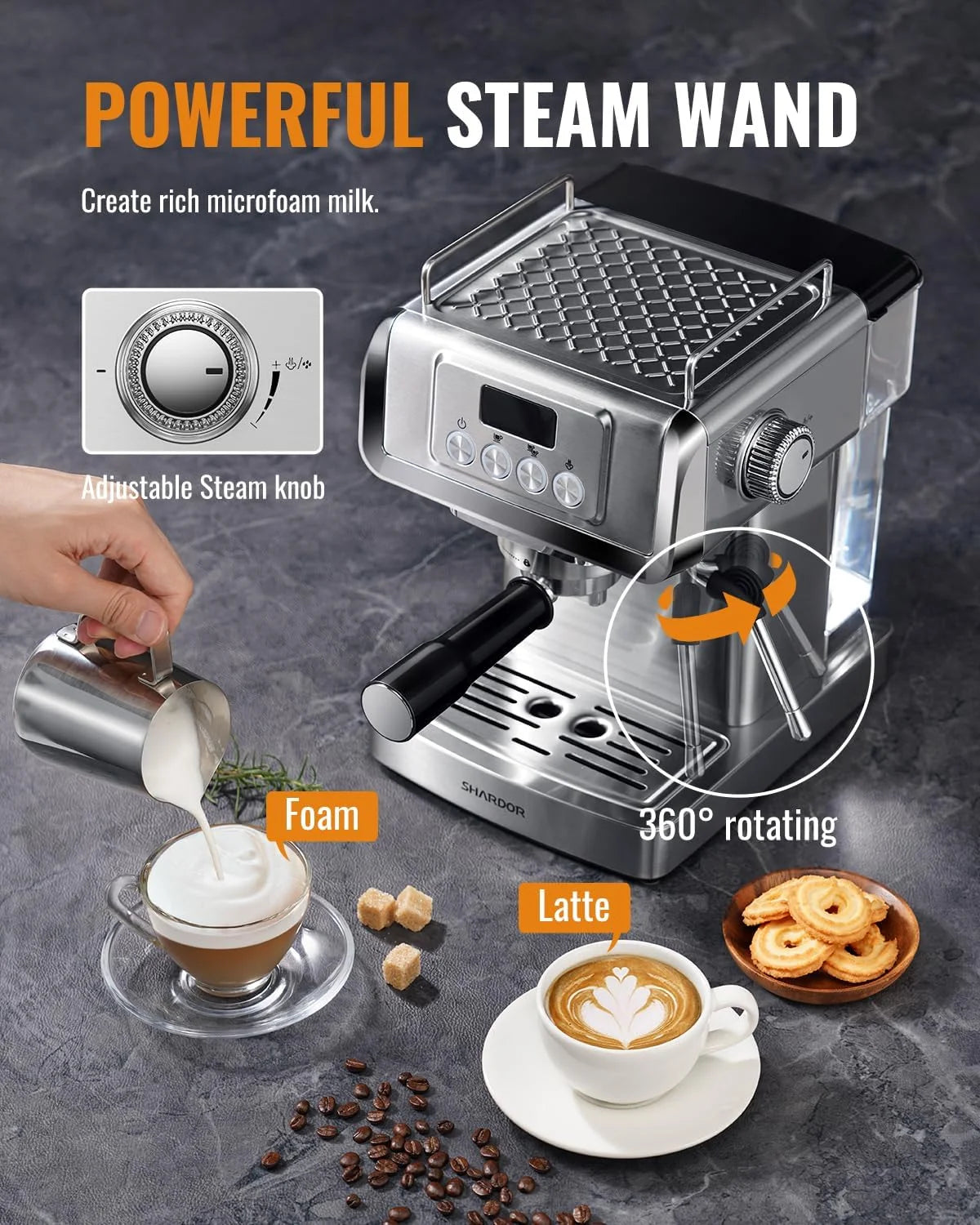GDOR 1350W Espresso Machine 20 Bar with Milk Frother Steam Wand, Professional Manual Latte & Cappuccino Maker for Home, 60 Oz Water Tank, Temperature Display, Stainless Steel