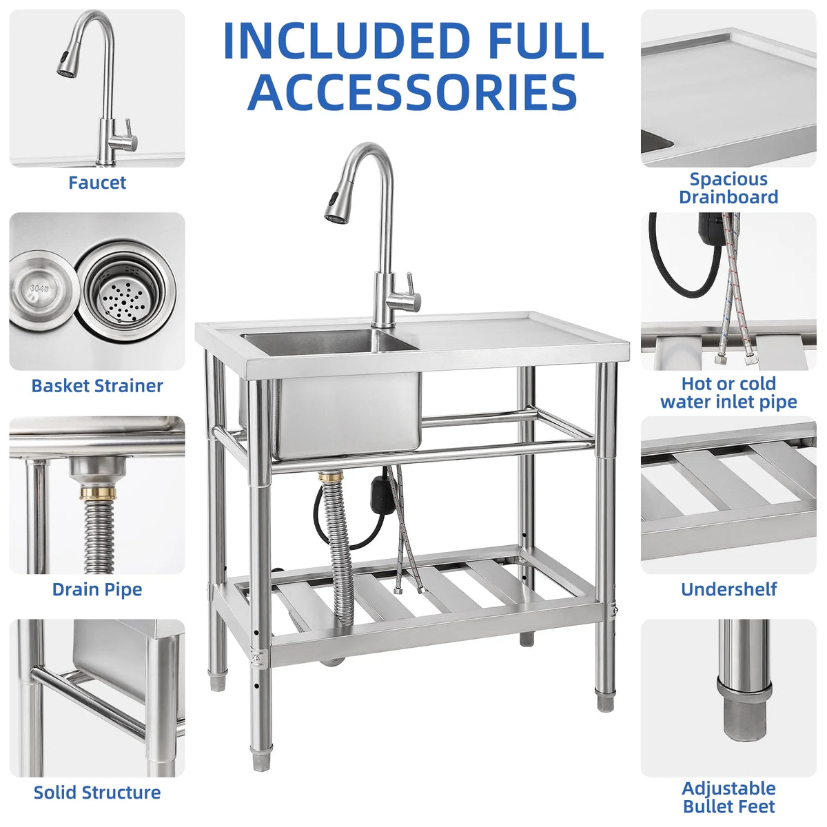 WPOND 30" Freestanding Utility Sink with Hot and Cold Faucet, Stainless Steel Sink with Workbench, Commercial Kitchen Single Bowl Sink for Garage, Restaurant, Kitchen, Laundry, NSF Certified