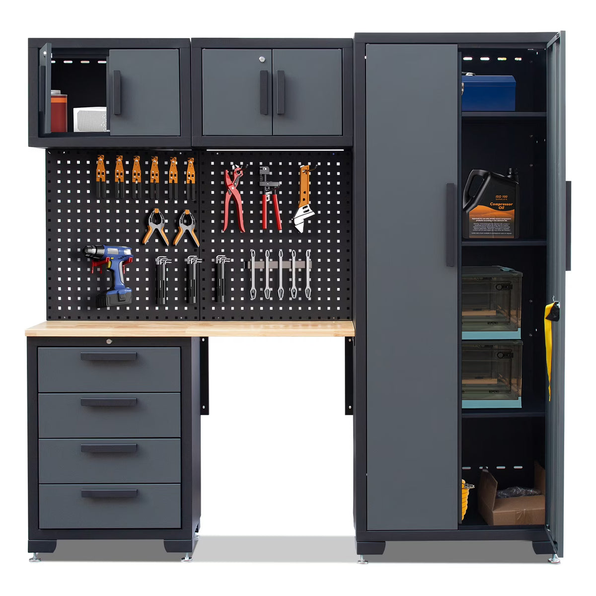 HPDMC Garage Storage Cabinet System 7-Pcs Workshop Set Metal Garage Cabinets System with Steel Cabinet Drawers, Workbench, Pegboard for Garage Tool Organization