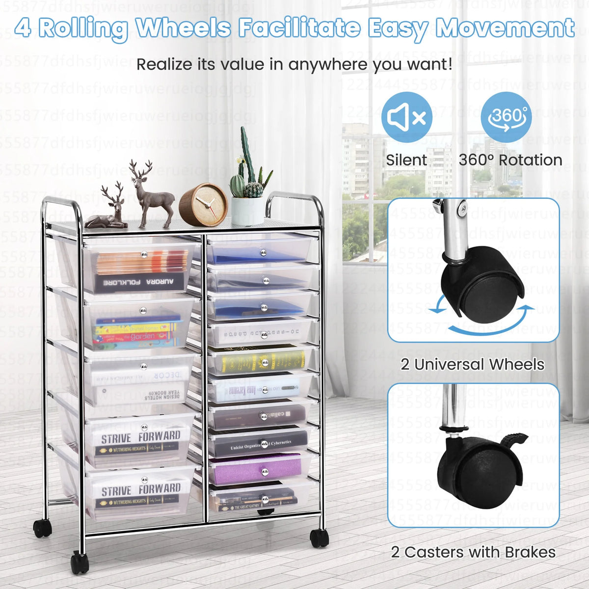 Costway 15 Drawer Rolling Storage Cart Tools Scrapbook Paper Office School Organizer White