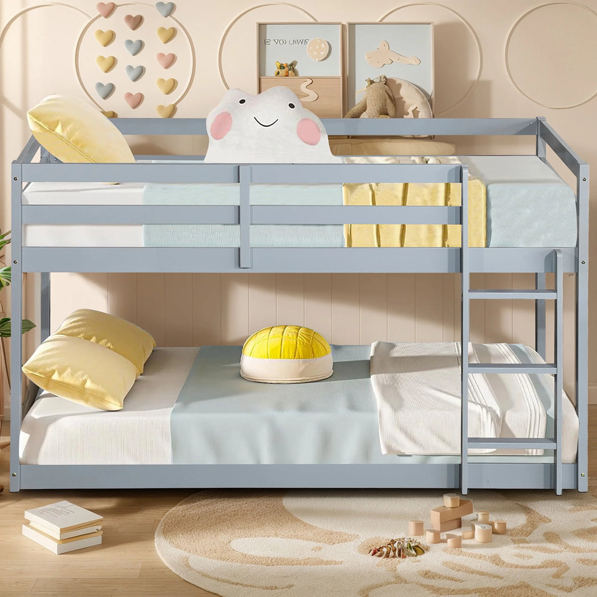 Twin Over Twin Floor Bunk Bed, UHOMEPRO Solid Wood Low Bunk Bed with Safety Rail, Ladder, Heavy Duty Bunk Beds, Space-Saving Bedroom Dorm Furniture, Gray