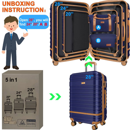 5 Piece Luggage Sets  and Travel Duffel Bag, ABS Hardshell Hardside Checked Luggage with TSA Lock and Double Spinner Wheels Suitcase, Deep Blue