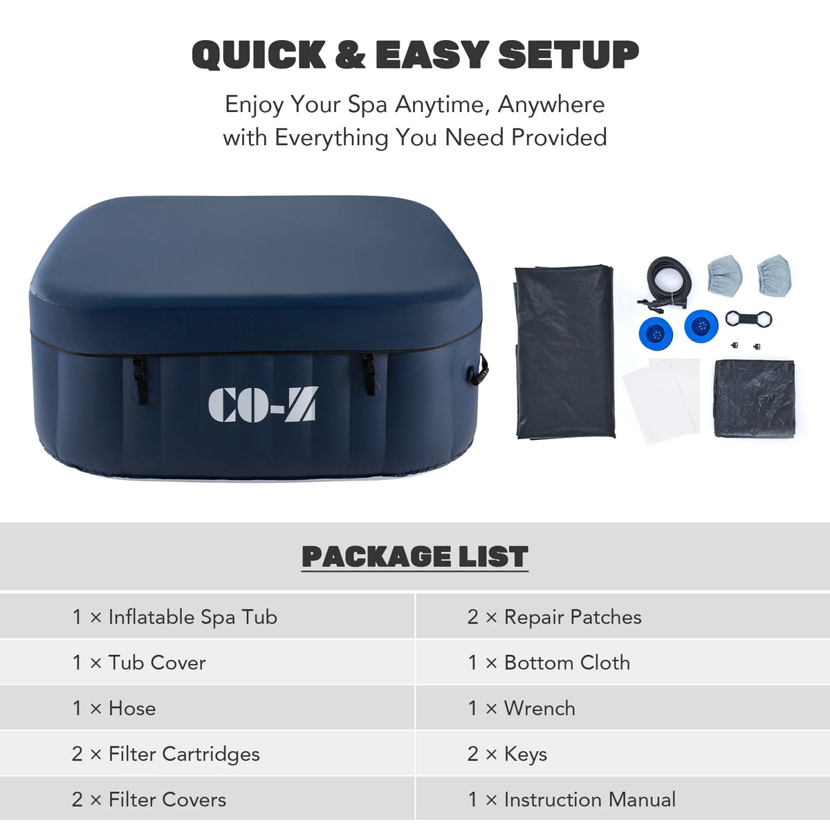 CO-Z 5x5ft PVC Square Inflatable Spa Tub & 120 Massaging Jets for Patio & More for 4-person Blue