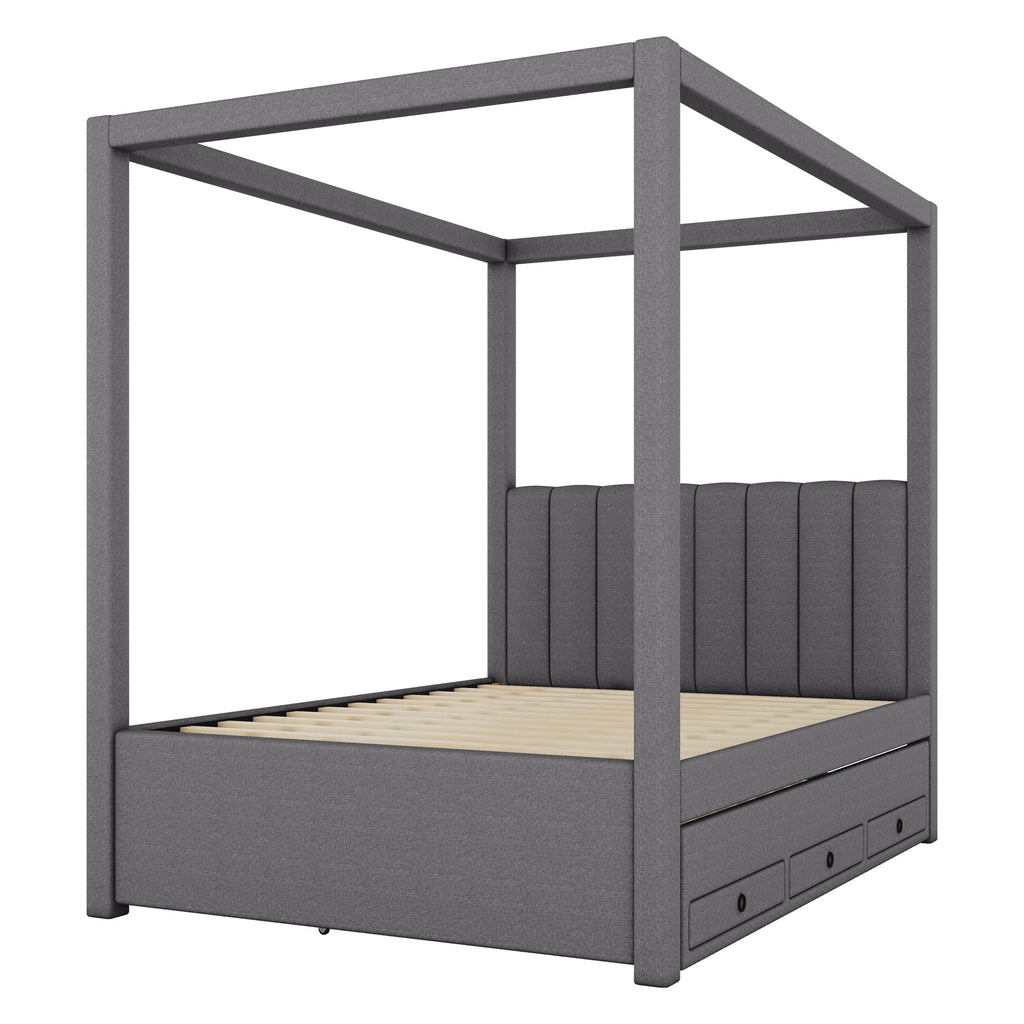EUROCO Upholstered Full Size Canopy Bed Frame with Trundle Bed and 3 Drawers, Platform Bed with Headboard for Kids Teens Adults, Beige