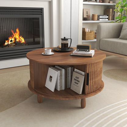 RUMLIVE Round Coffee Table with Storage, 30.7" Modern Coffee Table with 360�� Curved Sliding Door, Fluted Wood Coffee Table with Footpads, Round Center Table for Living Room, Black