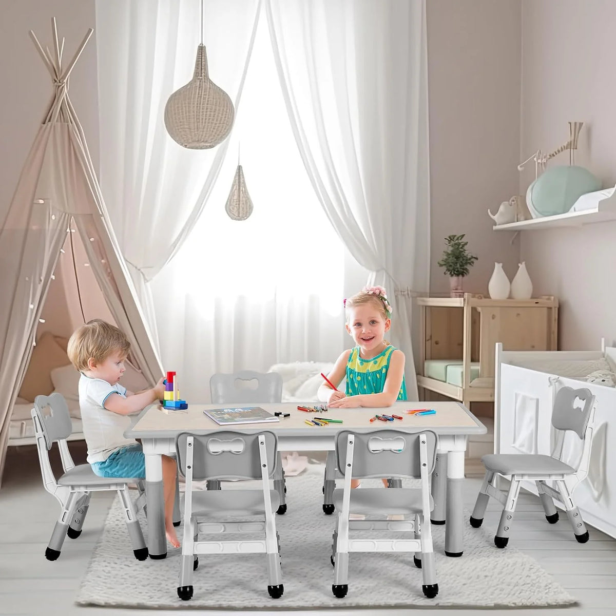 Arlopu Adjustable Kids Table and 6 Chairs Set, Toddler Play Activity Table Set with Graffiti Tabletop, Preschool Kids Furniture Table Set for Reading, Drawing, Eating