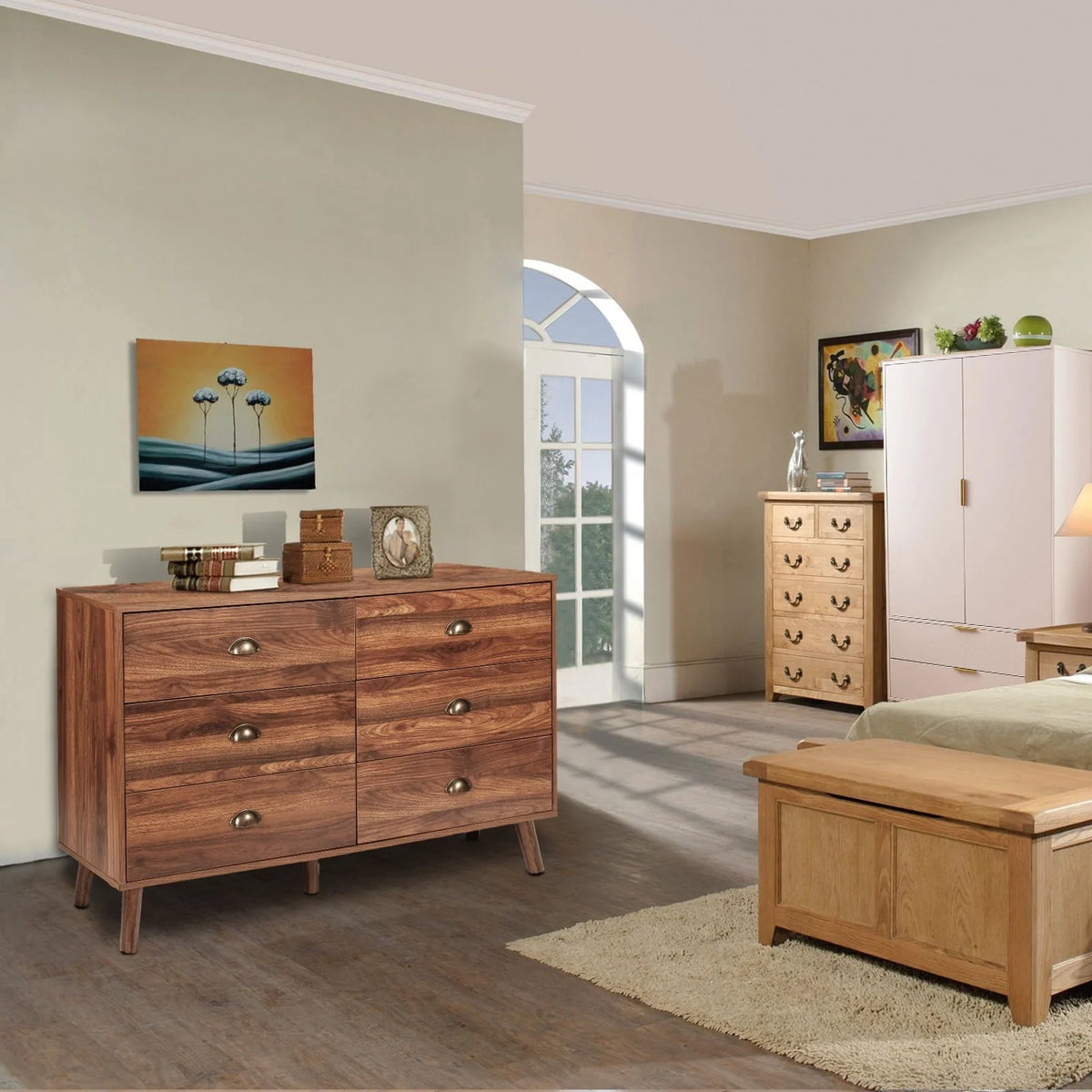 Polar Aurora Wood Dresser for Bedroom with 6 Drawers, Mid Century Modern Chests of Drawer with Metal Handles